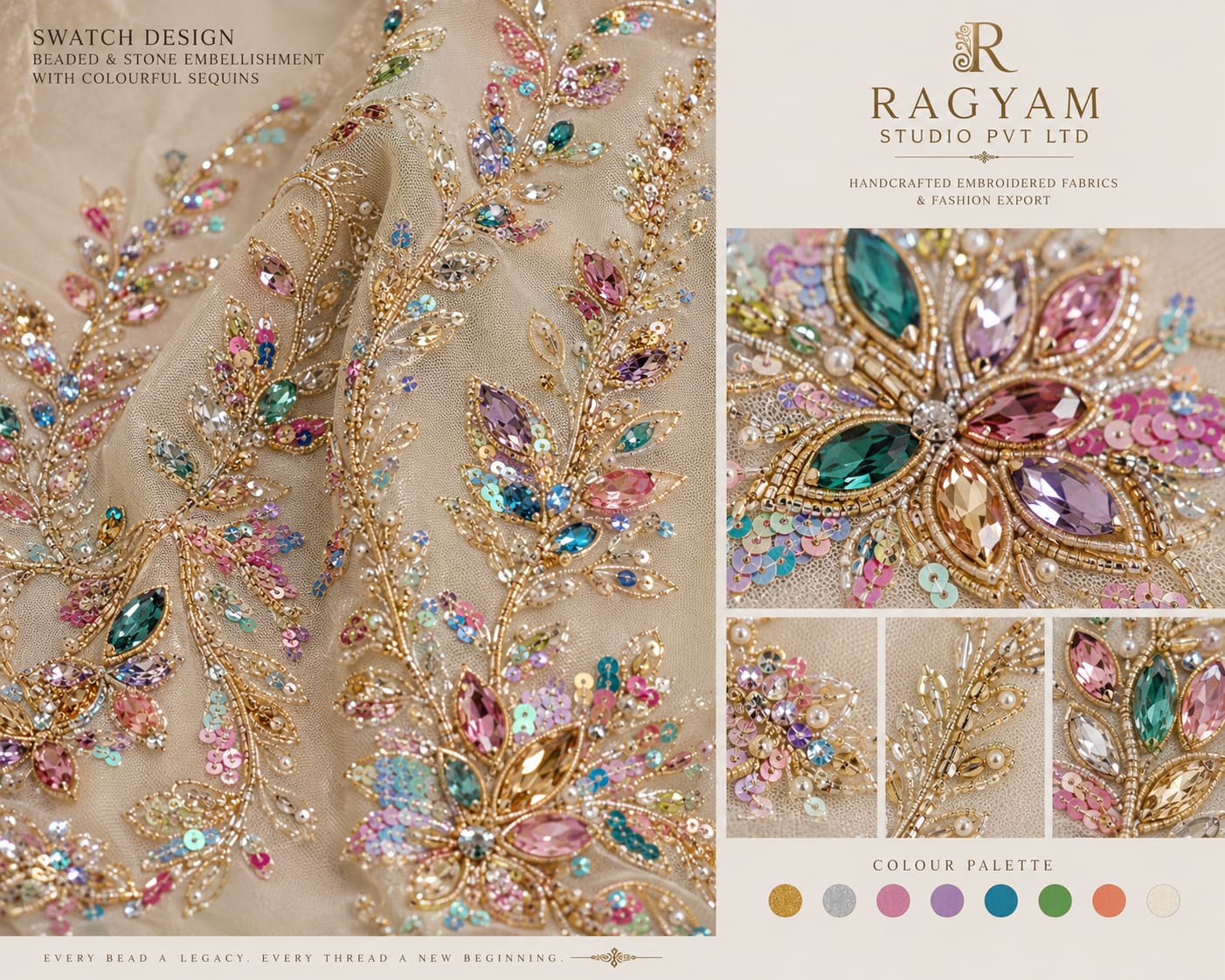 Luxury beaded fabric manufacturer sample by Ragyam Studio Bareilly